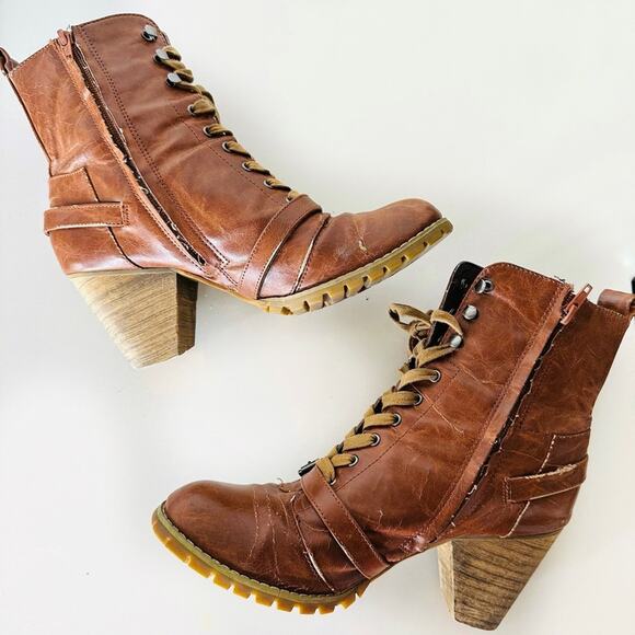 ANTHROPOLOGIE Brown Tan Lace Up Combat Booties Ankle Boot Buckle Zipper Heels 9 - Picture 9 of 16